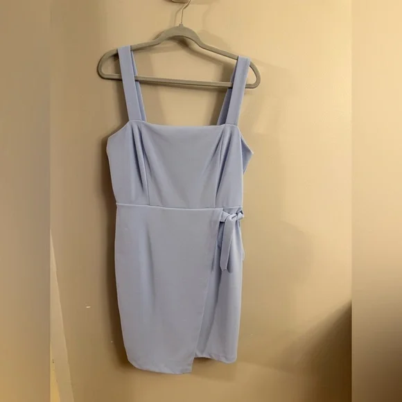 Betsey Johnson Light Blue Mini Dress Size 12 Square Neck Tie Waist Bodycon - Picture 1 of 5